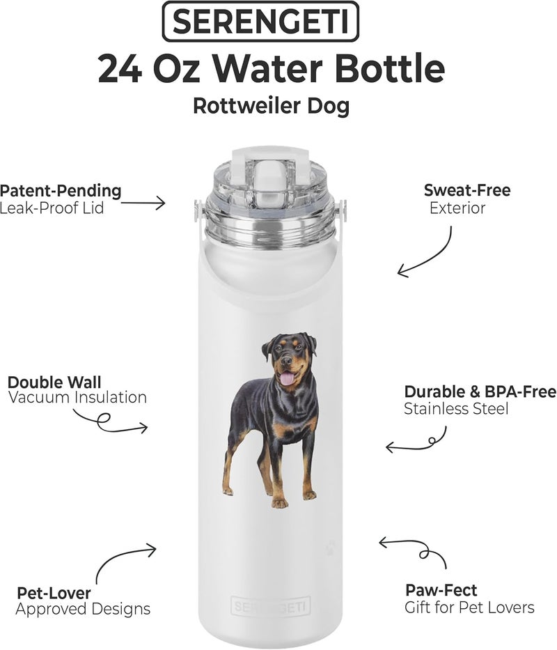ES Pets SERENGETI 24 Oz Water Bottle Stainless Steel with Spill Proof Lid - Double walled Vacuum Insulated water flask - Realistic 3D Print of your favorite dog (Rottweiler) - Image 1